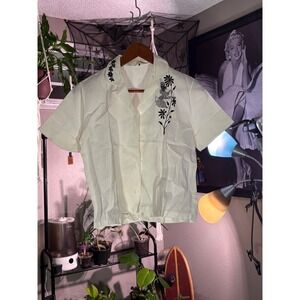 Retro White Embroidered Short Sleeve Button Up Shirt Women's Vintage Style